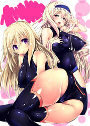 ass black_legwear blonde_hair blush breasts cecilia_alcott charlotte_dunois cum hairband infinite_stratos noto_kurumi one-piece_swimsuit open_mouth purple_eyes swimsuit