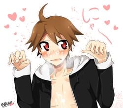 ^p^ brown_hair cum facial heart nya pokemon red_(pokemon) red_eyes yaoi