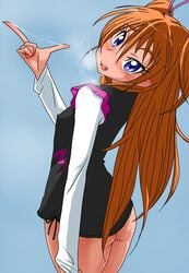 blue_eyes blush bottomless brown_hair clothing erect_nipples houjou_hibiki no_panties precure pretty_cure pussy_juice smile sorashu suite_precure two_side_up