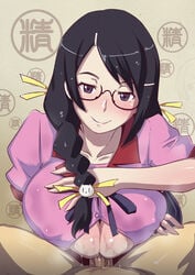 1boy 2girls alternate_breast_size big_breasts black_hair blue_eyes blush breasts butcha-u center_opening clothed_paizuri collarbone covered_face cum dark_eyes engulfing_paizuri eroquis female glasses hair_ornament hairclip hanekawa_tsubasa huge_breasts large_breasts long_hair male monogatari_(series) naughty_face open_clothes open_shirt paizuri paizuri_under_clothes penis pov senjougahara_hitagi shirt smile straight uncensored underboob when_you_see_it