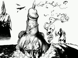 51 cliff cloud cum face god_of_war island japanese_clothes kimono kratos male male_only monochrome monophallia ocean penis penis_horn pussy smoke sperm_cell volcano water what