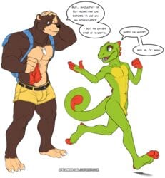 2015 abs age_difference alpha_channel anthro backpack bag banjo-kazooie banjo_(banjo-kazooie) bear belt biceps big_muscles blue_eyes bottomless_male bottomwear brown_fur bulge casual casual_nudity chameleon claws clothed clothing colored crossover dialogue duo edit english_text flaccid fur furry furry_only green_skin half-dressed lizard male male_only mammal muscles necklace neckwear nipples nude open_mouth pants pecs penis plain_background plantigrade playtonic_games rareware reptile scalie shorts size_difference smile speech_bubble spelunker_sal standing teeth text toe_claws topless transparent_background uncut video_games yellow_skin yooka yooka-laylee