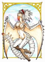 barioth blue_eyes breasts calolily female looking_at_viewer monster_hunter nude pseudowyvern solo tusks wings wyvern