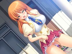 aina_solgate brown_hair censored clothed_masturbation clothing discreet_vibrator game_cg green_eyes masturbation no_panties open_mouth ozawa_akifumi pussy pussy_juice saliva school_uniform seifuku shikotama_slave skirt skirt_lift stealth_masturbation toy_dropped_from_orifice vibrator