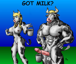 abs anthro balls biceps big_penis blonde_hair blue_eyes bodybuilder bovine breasts bull ear_piercing earring eyes female green_eyes hair horns male muscles nipples pecs penis piercing pussy serratus_anterior straight sudonym