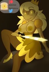 beanontoast big_breasts blonde blonde_hair breasts breasts_out cocky cocky_smile crown dress five_nights_at_freddy's five_nights_at_freddy's:_security_breach heels nipples princess_quest_(fnaf) shoulders skirt skirt_around_one_leg solo stockings teasing video_game yellow_eyes yellow_skin