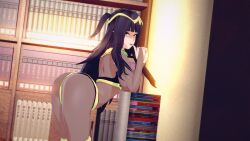 1girls 3d ass back bangs bent_over big_ass black_hair book book_stack bookshelf breasts female female_only finger_to_mouth fire_emblem fire_emblem_awakening grey_eyes indoors large_breasts long_hair looking_at_viewer looking_back mrqwerty nintendo open_mouth smile solo standing tharja_(fire_emblem) thighs