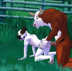 2023 all_fours american_bulldog anthro anthro_on_anthro anus backsack balls bovid bovine brown_body brown_fur bulldog canid canine canis cattle digital_drawing_(artwork) digital_media_(artwork) domestic_dog duo erection fence fenderr fur genitals grass hereford_cattle hi_res horn imminent_sex kneeling looking_back male male/male mammal mastiff molosser multicolored_body multicolored_fur on_grass penis plant two_tone_body two_tone_fur white_body white_fur