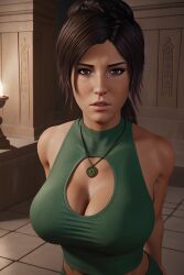 1girls ai_generated big_breasts brown_eyes brown_hair cleavage cleavage_cutout clothed female fr34ky lara_croft lara_croft_(survivor) large_breasts looking_at_viewer necklace ponytail solo tomb_raider tomb_raider_(survivor) wildeerstudio