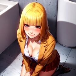 1girls ai_generated bathroom blonde_hair blush cleavage female fr34ky kneeling_on_ground looking_at_viewer medium_hair midorikawa_hana prison_school smile solo sweat