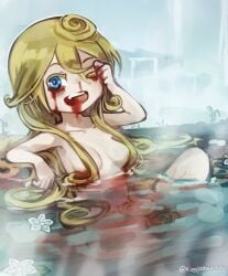 bath bathing bleeding bleeding_eyes blonde_hair blood blue_eyes convenient_censoring curly_hair female female_only hair_censor kingjoshuaart long_hair looking_at_viewer lyza_(made_in_abyss) made_in_abyss nude oerba_yun_fang open_mouth small_breasts smile solo what