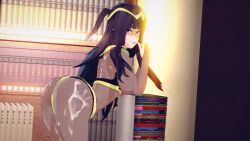 1girls 3d ass back bangs bent_over big_ass black_hair blunt_bangs bodystocking book book_stack bookshelf breasts bridal_gauntlets cum cum_on_ass cum_on_back cum_on_body female female_only finger_to_mouth fire_emblem fire_emblem_awakening grey_eyes indoors large_breasts long_hair looking_at_viewer looking_back mrqwerty nintendo open_mouth smile solo standing tharja_(fire_emblem) thighs