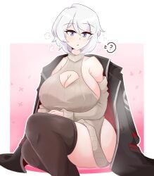 1girls big_breasts boob_window cleavage dankestsin faust_(limbus_company) female huge_breasts limbus_company looking_at_viewer no_pants project_moon sitting solo_female stockings sweater white_hair