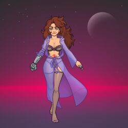 bra brown_hair commissioner_upload cybernetic_arm cybernetics cyborg guilhermerm lightsaber_hilt long_hair long_sleeves oc panties purple_robe red_eyes robe sith_mark solo solo_focus star_wars stockings stomach_tattoo tattoo tattoo_on_belly thick_eyebrows translucent_clothing wolf_romure