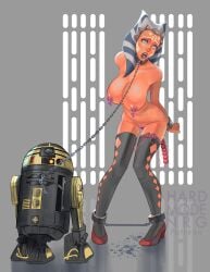 1girls ahsoka_tano alternate_breast_size astromech_droid big_breasts bitch_taken_for_walk bondage breasts chains collar droid drool drooling female hardmodenrg leash leash_and_collar metal_bondage metal_collar open_mouth r3-s6 robot slave spreader_bar star_wars the_clone_wars:_season_four togruta vibrator