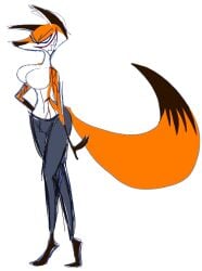 anthro blood bodily_fluids bottomwear breasts canid canine clothed clothing denim denim_clothing fantasy_feather featureless_breasts featureless_chest fejieu female fox grin jeans mammal pants rocketpepa smile topless topless_female topless_to_nude wounded