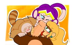 1boy 3girls anthro ape blonde_hair blush brown_fur cock_worship cyan_eyes dixie_kong donkey_kong_(series) fellatio female fur green_eyes hi_res lemur licking licking_penis maio male monkey monkey_girl monkey_shantae multiple_girls nintendo one_eye_closed penis primate purple_fur purple_hair saliva sega shantae shantae_(character) simple_background smooth_fur sucking sucking_testicles super_monkey_ball tail wayforward yanyan