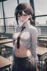 1girls after_sex ai_generated breasts chainsaw_man classroom crying desk edosynf female hairclip higashiyama_kobeni highres indoors looking_at_viewer mappa navel necktie open_shirt petite school school_desk school_uniform shirt skirt solo sweat teenager window