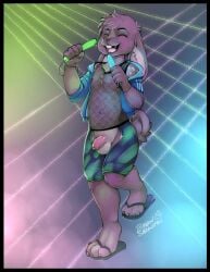 1boy bastionshadowpaw blacklight chaps clothing fishnet flip_flops footwear furry genitals glowstick hi_res invalid_tag lagomorph leporid male mammal penis rabbit rave retrospecter sandals solo