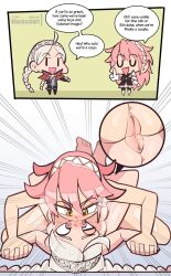 2girls 2koma blackcat18up blue_eyes english_text female female_only fire_emblem fire_emblem_fates grey_hair hairband heart-shaped_pupils instant_loss instant_loss_2koma kissing multiple_girls nina_(fire_emblem) nintendo pink_hair pinned_down soleil_(fire_emblem) speech_bubble text tribadism yellow_eyes yuri