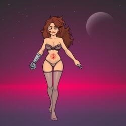 bra brown_hair commissioner_upload cybernetic_arm cybernetics cyborg guilhermerm lightsaber_hilt long_hair long_sleeves oc panties red_eyes sith_mark solo solo_focus star_wars stockings stomach_tattoo tattoo tattoo_on_belly thick_eyebrows wolf_romure