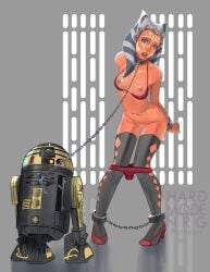 1girls ahsoka_tano astromech_droid bitch_taken_for_walk bondage bra_aside bra_down breasts chains clothing_aside collar droid female hardmodenrg metal_collar panties panties_aside panties_down r3-s6 robot slave star_wars stockings the_clone_wars:_season_four togruta underwear