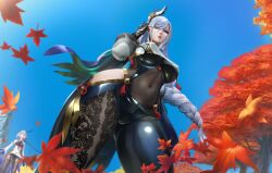 2girls abs absurd_res absurdres blue_hair breasts cameltoe closed_eyes clothed clothing erect_nipples erect_nipples_under_clothes female ganyu_(genshin_impact) genshin_impact green_eyes hair_ornament hair_over_one_eye hi_res high_resolution highres horns limgae looking_at_viewer looking_down muscles muscular muscular_female navel outdoors outside shenhe_(genshin_impact) sleeping tied_hair underboob very_high_resolution viewed_from_below wallpaper white_hair zzz