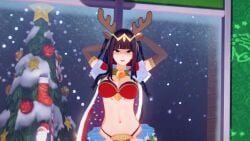 1girls 3d alternate_costume antlers bangs bare_midriff black_hair bra breasts cape christmas christmas_outfit cleavage female female_only fire_emblem fire_emblem_awakening fire_emblem_heroes grey_eyes large_breasts long_hair looking_at_viewer midriff mrqwerty nintendo official_alternate_costume open_mouth panties red_panties smile solo tharja_(fire_emblem) underwear