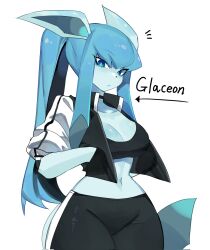 anthro big_breasts black_bottomwear black_clothing black_shorts blue_eyes blue_hair bottomwear bra breasts choker cleavage clothed clothing collarbone cute cute_face eeveelution female female_only glaceon hair hi_res jewelry long_hair navel necklace nintendo pokemon pokemon_(species) shorts solo solo_female sports_bra togetoge underwear