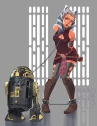 1girls ahsoka_tano astromech_droid bitch_taken_for_walk bondage breasts chains clone_wars clothed clothed_female clothing collar dress droid female fully_clothed hardmodenrg leash metal_bondage open_mouth r3-s6 robot slave spreader_bar star_wars the_clone_wars:_season_four the_clone_wars:_season_three togruta