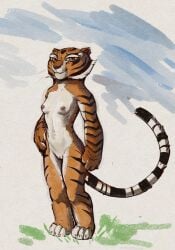 2023 anthro breasts casual_nudity dreamworks felid female full-length_portrait genitals hi_res kung_fu_panda looking_at_viewer mammal master_tigress nipples nude_anthro nude_female painting_(artwork) pantherine portrait pussy sabrotiger solo standing stripes tiger traditional_media_(artwork) watercolor_(artwork)