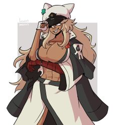 abs baiken_(cosplay) bandage bandaged_arm blonde_hair cleavage dark-skinned_female fingerless_gloves guilty_gear guilty_gear_strive hat huge_breasts loggus_doggus navel ramlethal_valentine sharp_teeth tagme toned_female yellow_eyes