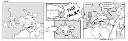 absurd_res animal_genitalia anthro balls comic cum_collecting drinking_milk english_text female genitals greyscale group hi_res l33t_(labbit1337) labbit labbit1337 male mammal moan monochrome penile penis_milking procyonid raccoon sheath text trailmix_(not_a_furfag) trio