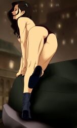 1girls asami_sato avatar_legends back_view black_hair boots breasts closed_eyes eyeshadow female lipstick makeup naked nipples panties rear_view solo solo_female standing the_legend_of_korra thong view_from_below woorkvaza