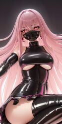 1girls ai_generated big_ass big_breasts black_latex bodysuit boob_window caelxn female hi_res high_resolution highres large_ass large_breasts latex latex_suit latex_thighhighs long_hair mask pink_eyes pink_hair stable_diffusion thick_ass thick_thighs underboob wide_hips