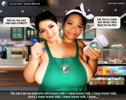 2_heads ai_generated ai_nightmare ai_reworked apron apron_only barista bbw black_hair black_skin breastmilk breasts_milk busty coffee coffee_cup coffee_shop conjoined conjoined_twins green_apron huge_breasts iced_latte_with_breast_milk interracial large_breasts naked_apron novel_ai novelai speech_bubble starbucks starbucks_barista starbucks_parody starbuks_meme staring_at_viewer stuck_together swago3789 two_tone_body two_tone_skin what white_skin white_skinned_female