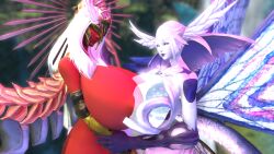 2girls 3d 3d_(artwork) angel angel_wings animal_humanoid areolae armor athena_(ffxiv) azem big_breasts big_wings black_sclera breast_press breast_squish breasts breasts_bigger_than_head breasts_out bursting_breasts butterfly butterfly_wings clothing duo duo_female female female/female female_only final_fantasy final_fantasy_xiv flying gpose(ffxiv) happy_sex hi_res highres huge_ass huge_breasts huge_wings humanoid mask masked masked_female nipples nude_female pupils red_skin see-through smile square_enix take_your_pick transparent_skin white_hair white_skin wings yuri