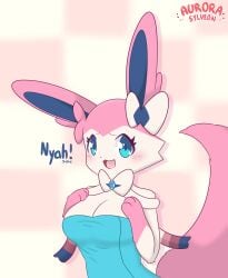 >_< 2023 3_fingers adorable anthro anthrofied artist_logo artist_name aurora_sylveon aurorasylveon big_ears big_eyes big_tail blue_ears blue_eyes blue_ribbon blue_towel blush blush_lines bow_(feature) bow_accessory bow_ribbon breasts checkerboard checkered_background closed_eyes cute cute_face drop_shadow ear_tuft eeveelution emoticon fan_character felid feline female female_only fingers fluffy fluffy_tail fur generation_6_pokemon half-length_portrait hand_on_breast hand_on_own_breast handwritten_text hi_res logo looking_at_viewer mammal multicolored_body multicolored_ears multicolored_fur neck_bow nintendo open_mouth pattern_background pink_body pink_breasts pink_ears pink_forearm pink_fur pink_head pink_ribbon pink_tail pokemon pokemon_(species) pokemorph portrait ribbons simple_background smile smiling_at_viewer solo solo_female sylveon tail text towel towel_only tuft two_tone_arms two_tone_body two_tone_ears two_tone_fur