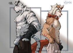 2023 anthro arknights bottomwear bulge canid canine canis clothed clothing detailed_bulge domestic_dog duo felid fur hair hi_res horn hung_(arknights) hypergryph long_hair male male_focus male_only mammal mountain_(arknights) muscular muscular_anthro muscular_male orange_hair pantherine pants pulling_up_pants striped_body striped_fur stripes studio_montagne tan_body tan_fur tiger tight_pants_(meme) topless topless_anthro topless_male trtoutoongo underwear white_body white_fur white_hair