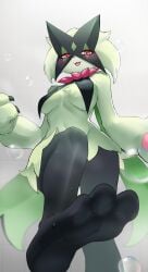 3_toes absurd_res adorable anthro barefoot blush bodily_fluids breasts bubble buyongbuyong clothing cute cute_face feet female female_only foot_fetish foot_focus generation_9_pokemon green_body hi_res hindpaw legwear looking_at_viewer medium_breasts meowscarada nintendo open_mouth paws pokemon pokemon_(species) pokemon_sv purple_eyes solo solo_female sweat sweaty_feet toes