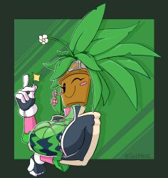 anthro arm_under_breasts big_breasts blaster_master blaster_master_zero_2 bodysuit female female_only flower flower_in_hair green_body green_skin huge_breasts huge_tits kanna_(blaster_master) looking_at_viewer non-human plant_girl plantie wink