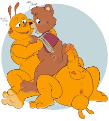 anthro aroused ass balls belly blush bodily_fluids clothed clothing duo erection genitals grubby hi_res male male/male multi_leg multi_limb raised_clothing raised_shirt raised_topwear shirt sweat tbid teddy_ruxpin teddy_ruxpin_(series) topwear