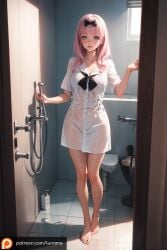 ai_generated bath bathroom blue_eyes blush day daytime feet fujiwara_chika indoors kaguya-sama_wa_kokurasetai_~tensai-tachi_no_renai_zunousen~ legs looking_at_viewer luname one_hand_up open_mouth pink_hair school_uniform shower shower_head standing toes