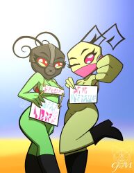 alien alien_girl antennae chubby chubby_aliens chubby_female covered covered_breasts desert face_mask females_only gatojack3 green_body green_skin invader_zim irken mask nude_female oc panty_&_stocking_with_garterbelt red_eyes sign