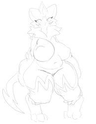 big_breasts breasts featureless_crotch female mythical_pokemon nintendo nipple_outline no_humans nocimon pokémon_(species) pokemon slightly_chubby thick_thighs video_games wide_hips zeraora