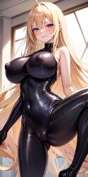 1girls ai_generated big_breasts black_legwear blonde_hair blue_eyes blush bodysuit breasts breasts_apart bulging_breasts cameltoe eyelashes highres indoors large_breasts latex latex_bodysuit latex_breasts latex_nipples latex_suit latex_vagina leg_up long_hair looking_at_viewer nipple_bulge nipples nipples_visible_through_clothing one_leg_up skin_tight slim_waist smile smiling_at_viewer spread_legs stable_diffusion standing standing_on_one_leg suit thick_thighs thighs tight_clothing tight_fit wide_hips