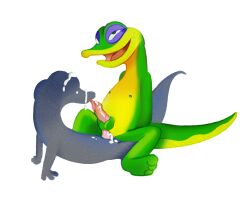 anthro bodily_fluids cum cum_inside cum_on_face duo faceless_character faceless_male fucked_silly genital_fluids genitals gex_(series) gex_the_gecko licking male male_only oral penile penis penis_lick punstar sex simple_background solo tongue tongue_out