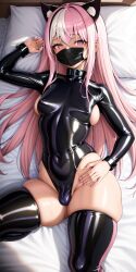 1futa ai_generated big_ass bodysuit bulge caelxn cat_ears futanari latex latex_bodysuit latex_suit latex_thighhighs long_hair medium_breasts pink_hair sideboob stable_diffusion thick_ass thick_thighs tight_clothing white_hair