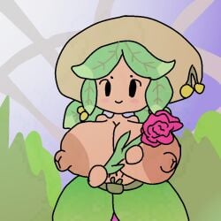 1girls areolae big_areola big_breasts breasts draconic_devilz flower green_hair hat holding_object holding_rose leaf_hair long_skirt milf mob_face mother_nature_(tower_heroes) nipples roblox roblox_game rose short_hair skinny skirt smiling straw_hat topless tower_heroes