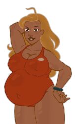 belly big_belly big_breasts blonde_hair breasts cleavage clothing dark-skinned_female dark_skin female human lifeguard lifeguard_(lilo_and_stitch) lilo_and_stitch nasuokaa-san nipple_bulge one-piece_swimsuit pregnant swimwear wristwear